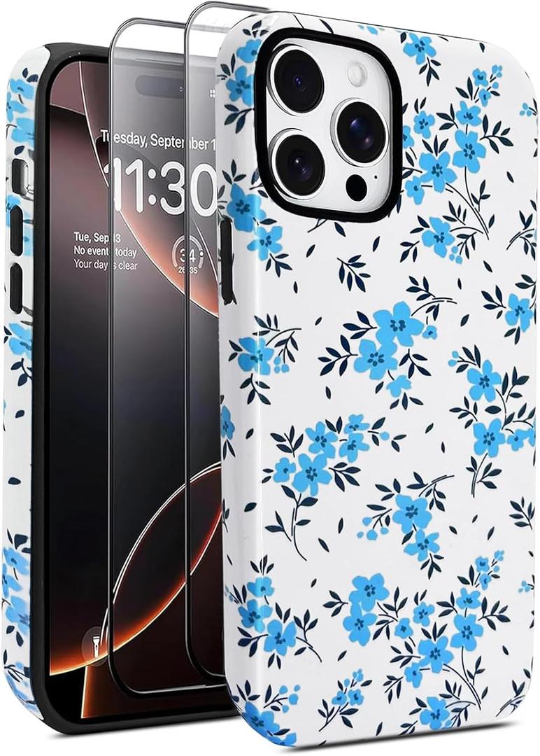 J.west for iPhone 14 Pro Max Case with 2 Pack Tempered Glass Screen Protectors Cute Floral Phone Case Hybrid PC+TPU Slim Shockproof Phone Cover for Women Girls
