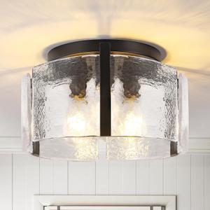 Black Semi Flush Mount Ceiling Light 15'', 3-Light Modern Farmhouse Glass Light Fixture, Dimmable Close to Ceiling Mount for Hallway, Kitchen Island, Entryway, Bedroom, Bathroom, Laundry Industrial
