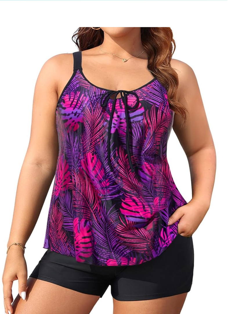 Women Plus Size Tankini Swimsuit - 2 Piece Flowy Plus Size Bathing Suits and Shorts with Pockets 2025 Extra Large, Purple Leaf 
