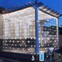 300LED Solar Curtain Lights Waterproof, 10 * 10FT Upgraded Twinkle String Fairy Light Remote Control 8 Mode Dimmable Solar Hanging Waterfall Lights with USB Rechargeable for Outdoor Gazebo Patio Xmas (Cool Whtie)