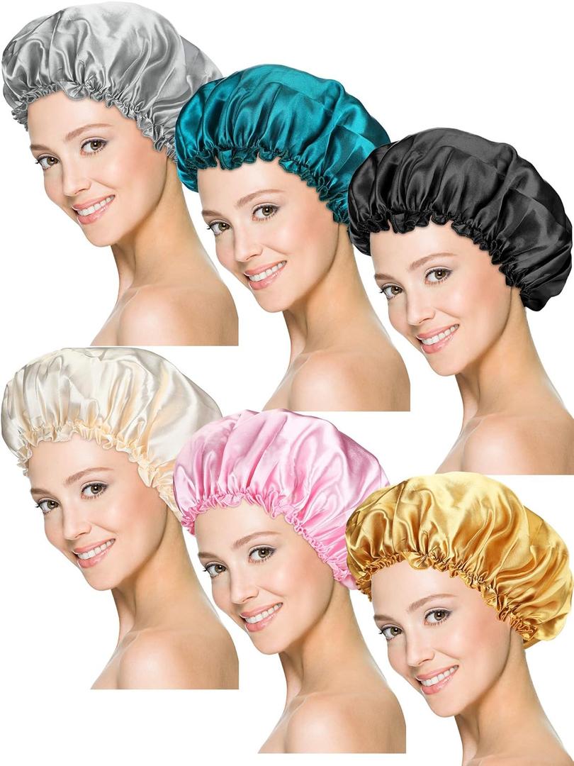 Syhood 6 Pieces Sleep Cap Satin Bonnet Sleeping Hat Soft Elastic Night Hair Cover for Women(Black, Beige, Silver, Gold, Pink, Peacock Blue,Medium)