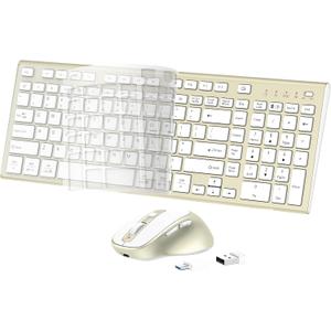 Wireless Keyboard and Mouse, USB Type C Rechargeable Slim Silent Keyboard Mouse, Compact Full-Size Keyboard with Number Pad and Cover for Windows, macOS, PC/Computer/Laptop - Gold