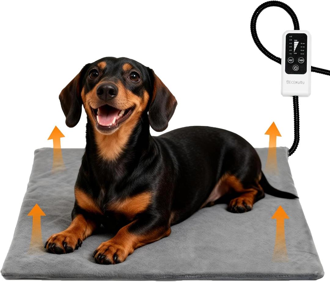 BECEMURU Pet Heating Pad for Dogs & Cats, Waterproof Adjustable Temperature Heated Dog Bed 24x18 in, with Chew-Resistant Cord and Timer for Senior Pets, Soothing Pain Relief for Arthritis