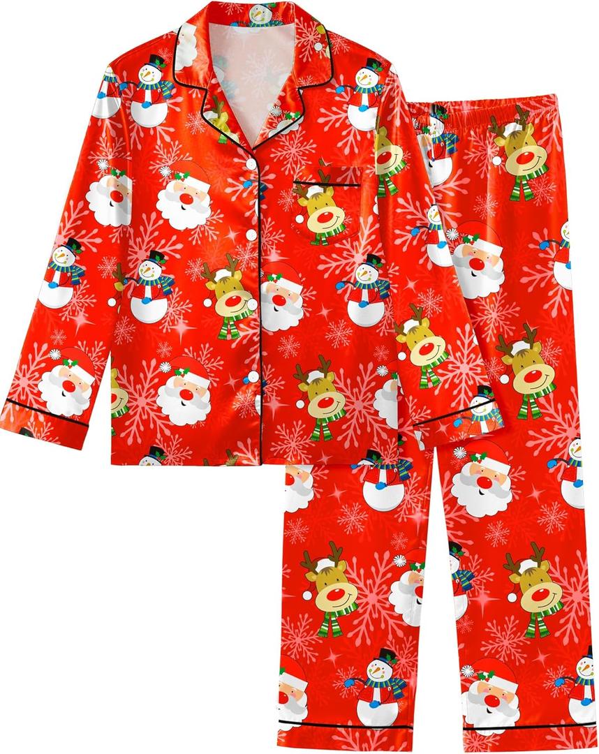 Sylfairy Satin Pajamas for Girls Silky Button-Down Sleepwear Unicorn Nightwear Loungewear PJS Clothes Set Gifts for Kids (5-6 Years, Father Christmas)