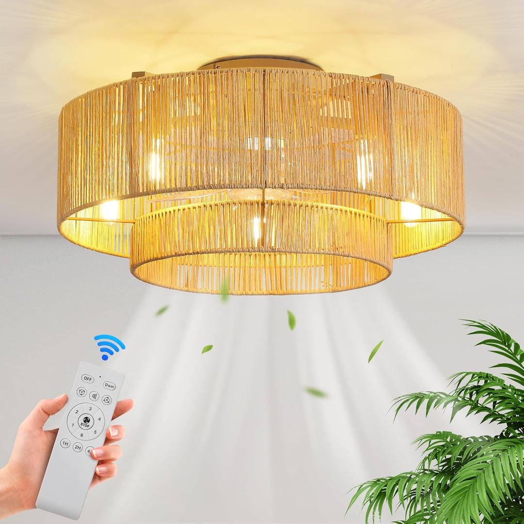 Boho Ceiling Fan with Light: 20 inch Low Profile Ceiling Fans with Remote Control, 5 Blades 6 Speeds DC Reversible E12 5 Light Flush Mount Rattan Ceiling Light Fixtures for Bedroom Kitchen