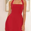 Yousify Womens Sexy Halter Mini Dress Summer Backless Square Neck A Line Flared Club Party Dresses (Red, XS)