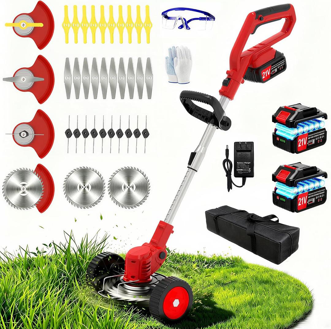 Electric Weed Wacker Cordless Eater, 21V Battery Powered String Trimmer, 3 in 1 Lightweight Grass Trimmer/Brush Cutter/Edger with Wheels, 4 Types Blade, Stringless Weed Trimmer for Lawn Yard Garden