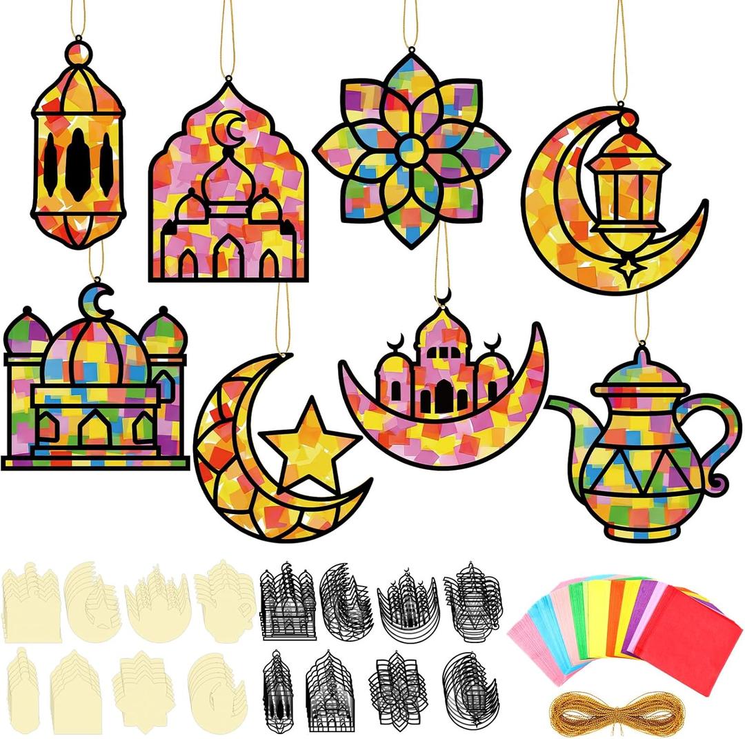 DoubleFill 48 Pcs 36 Sets Suncatchers Crafts Kit DIY Tissue Paper Suncatchers Craft Kit DIY Ornaments for Window Art (Ramadan)
