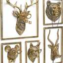 Animal Heads Wall Decor (5pcs, Includes Metal Frame) Resin Animals Sculptures Head Wall Hanging Decoration Gold vintage Wall Sculpture for Living Room Bedroom Office 