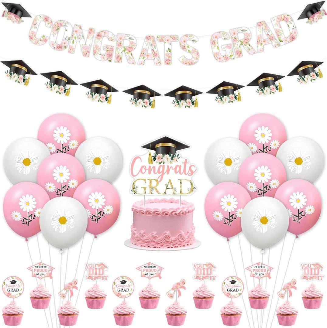 Jollyboom Floral Graduation Party Decorations Girl, Congrats Grad Floral 2026 Decorations Balloons Banner Garland Cake Cupcake Toppers for We Are So Proud of You Class of 2026 Pink Cap Congratulations