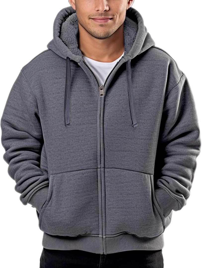 Sherpa Lined Hoodies for Men Heavyweight Full Zip Up Sweatshirt Thick Fleece Jackets Winter Warm Coats (Large, Dark Grey)