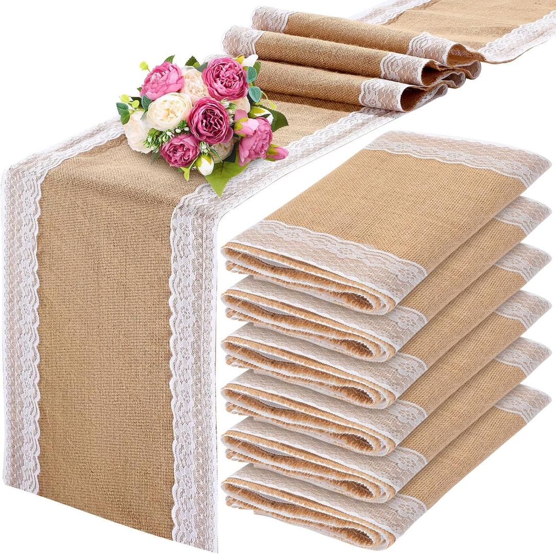 Tatuo 6 Pcs Lace Burlap Table Runner 12'' x 72'' Rustic Jute Hessian Farmhouse Country Vintage Romantic Fabric Cloth for Country Wedding Birthday Party (Cute)