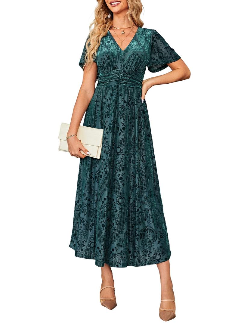 Simplee Women’s V Neck Velvet Maxi Dress Short Sleeve Empire Waist Long Formal Dress for Wedding Guest XL