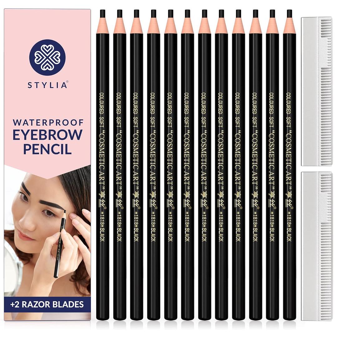 Stylia Waterproof Eyebrow Pencils For Women  Long-Lasting Microblading Supplies Brow Pencil, Perfect for Eyebrow Shaper, Filling & Defining Natural-Looking Brow - (12PC Black)