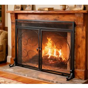 Fire Beauty Fireplace Screen with Magnetic Doors, Handcrafted Wrought Iron Classical Scroll Durable Metal Mesh, Decorative Free Standing Fireplace Spark Guard- Black