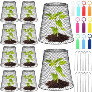 Geosar 10 Pcs 9 inch Chicken Wire Cloche Plant Protector Cover Metal Garden Cloche Dome for Plants Chicken Wire Protection Basket with Garden Stakes for Avoiding Rabbit Bird Small Animals Eat (Black)
