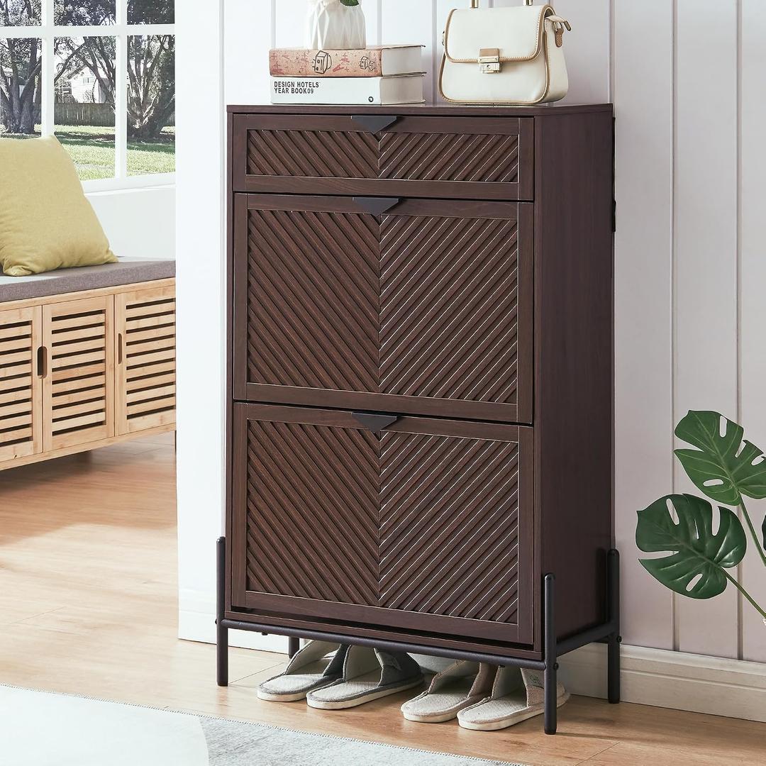 Shoe Cabinet Storage with 2 Flip Drawers, Narrow Hidden Shoes Organizer Cabinet for Entryway, Freestanding Slim Shoe Rack Front Door Entrance(Brown), Medium