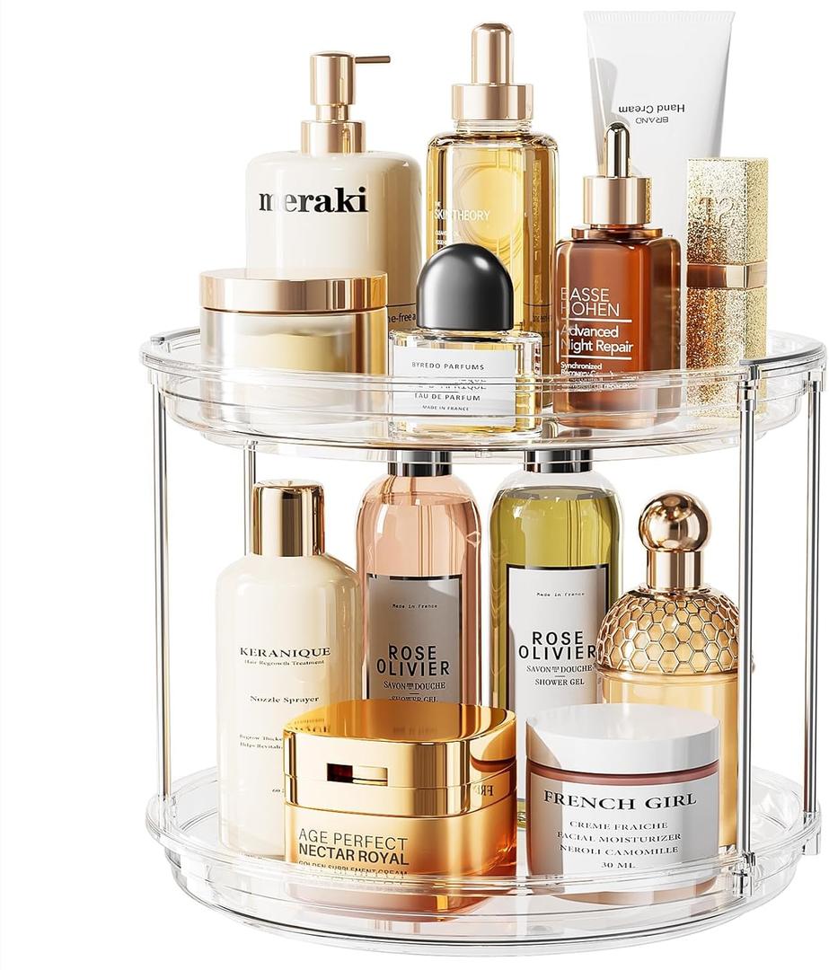 LAMU Rotating Makeup Organizer for Vanity, 10.6in 2 Tier Lazy Susan Turntable Stackable Spinning Skincare Organizer Cosmetic Perfume Tray Display for Bathroom Counterop, Large Capacity, Clear