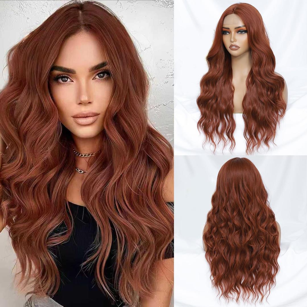 Auburn Wig for Women Long Wavy Auburn Wig Middle Part 26 Inch Wigs Heat Resistant Synthetic Wig for Daily Use