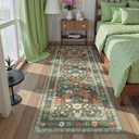 Deerly Green Floral Runner Rug 3x8 for Hallway Vintage Boho Washable Bathroom Kitchen Bedroom Runner Rugs Non-Slip Soft Low Pile Thin Indoor Carpet for Laundry Room Farmhouse Flower, Green/Multi