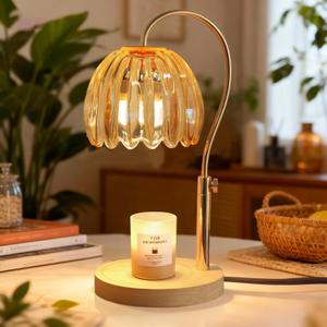 Candle Warmer Lamp with Timer & Dimmer, Height Adjustable Electric Candle Lamp Warmer for Scented Jar Candles with 2 Bulbs, Modern Home Decor Gifts for Women Mom (Wood Amber)