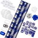LeZakaa Christmas Wrapping Paper Bundle -Mini Roll with Bow, Ribbon, Sticker, Gift Tag -Navy with Silver Foil Design with Snowy Woodland Scenes/Snowflake/Tree-17x120 inches-3 Rolls (42.5sq.ft.ttl.)