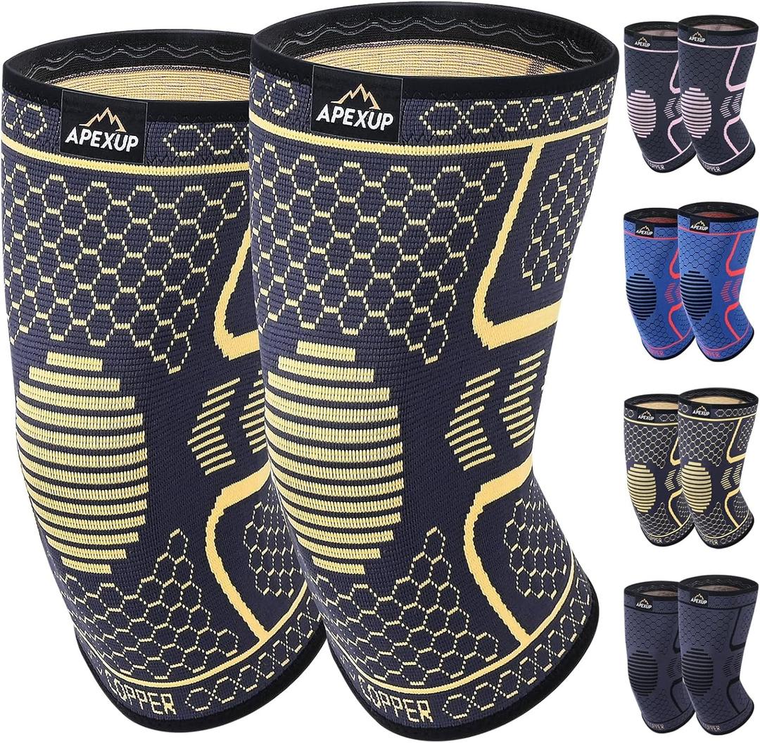 2 x APEXUP Compression Knee Brace for Women, Copper Compression Sleeve for Knee Support, Arthritis Pain Relief, Meniscus Tear, ACL, Running (Small, Yellow+Black)