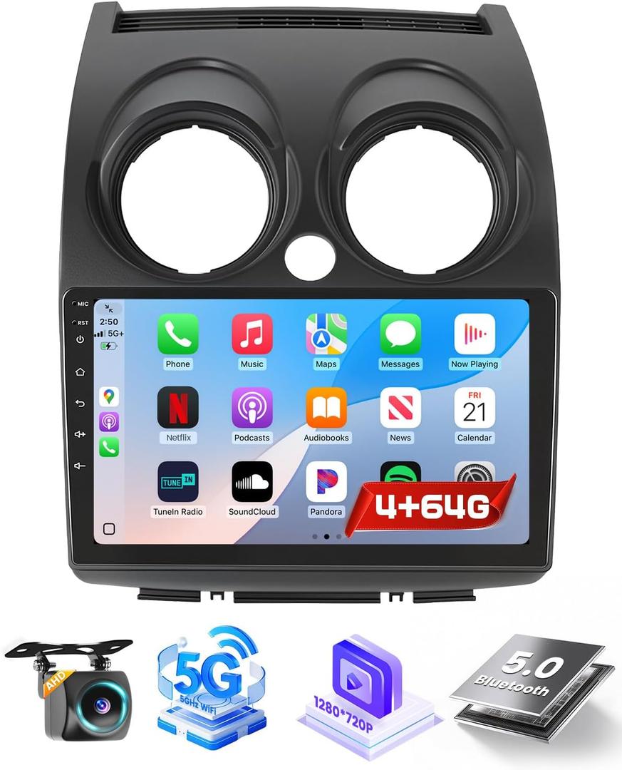 Car Stereo Radio for Nissan Rogue Sport Qashqai 2008 2009 2010 2011 2012 2013 with Wireless Carplay Android Auto, 4+64G 9 inch Thouch Screen Bluetooth Radio with GPS WiFi AHD Backup Camera 32EQ