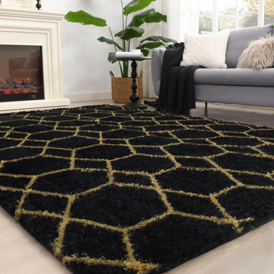 Fluffy Rug for Bedroom Living Room, Soft 4x6 Black Area Rug, Machine Washable Shag Geometric Fuzzy Kids Non Slip Carpet Home Decor Aesthetic, Plush Floor Mat for Nursery Teen Dorm, Black/Gold
