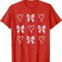 Heart Candy Cane Pink Bow Christmas T-Shirt (Red, M)