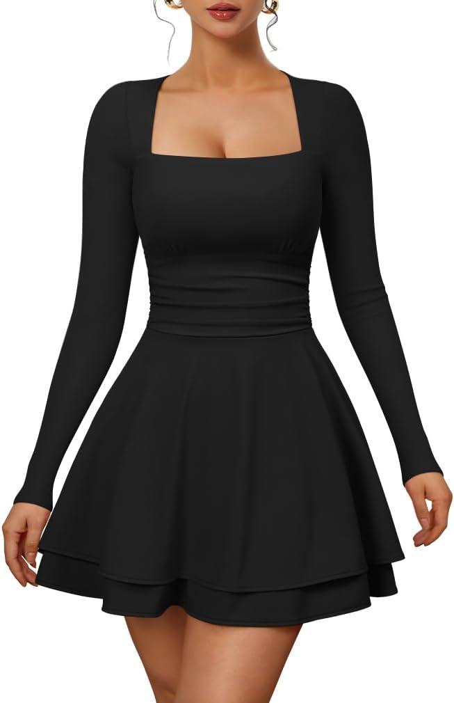 XXTAXN Womens Sexy Long Sleeve Square Neck Flowy Hem Ruched High Waist Party Mini Dress with Side Pocket (Medium, Black)