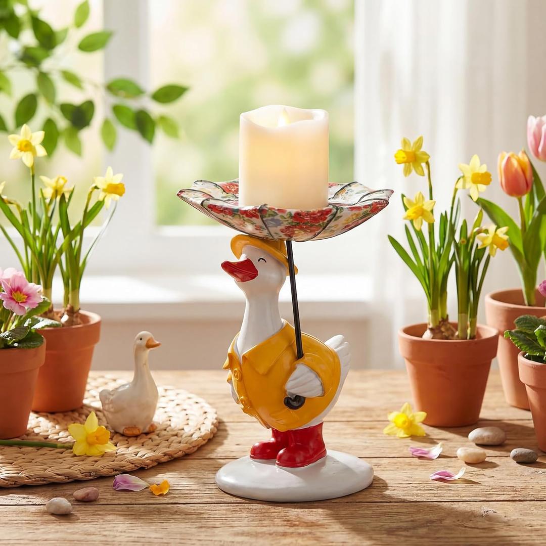 Reallnaive Silly Goose with Raincoat Candle Holder Cute Duck Candle Holder Silly Goose with Floral Umbrella Decorative Candlestick Stand for Home Spring Living Room Garden Decor