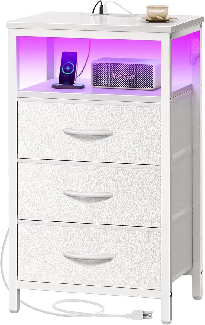 Huuger Night Stand with Charger Station and LED Lights, 3 Drawer Nightstand, Bed Side Table with Open Shelf, End Table, Tall Fabric Dresser for Bedroom, PU Leather, White (11.8"D x 15.7"W x 27.6"H3 Drawers)
