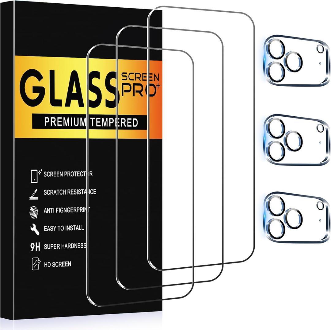 3+3 Pack Glass Screen Protector for iPhone 17 Pro with Camera Lens Protector, 6.3 inch HD Clear Tempered Glass Film, Anti-Scratch, Bubble Free, Case-Friendly