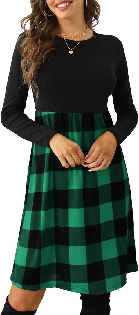 PRIMODA Women's Long Sleeve Empire Waist Buffalo Plaid Midi Swing Dress with Belt (X-Large)