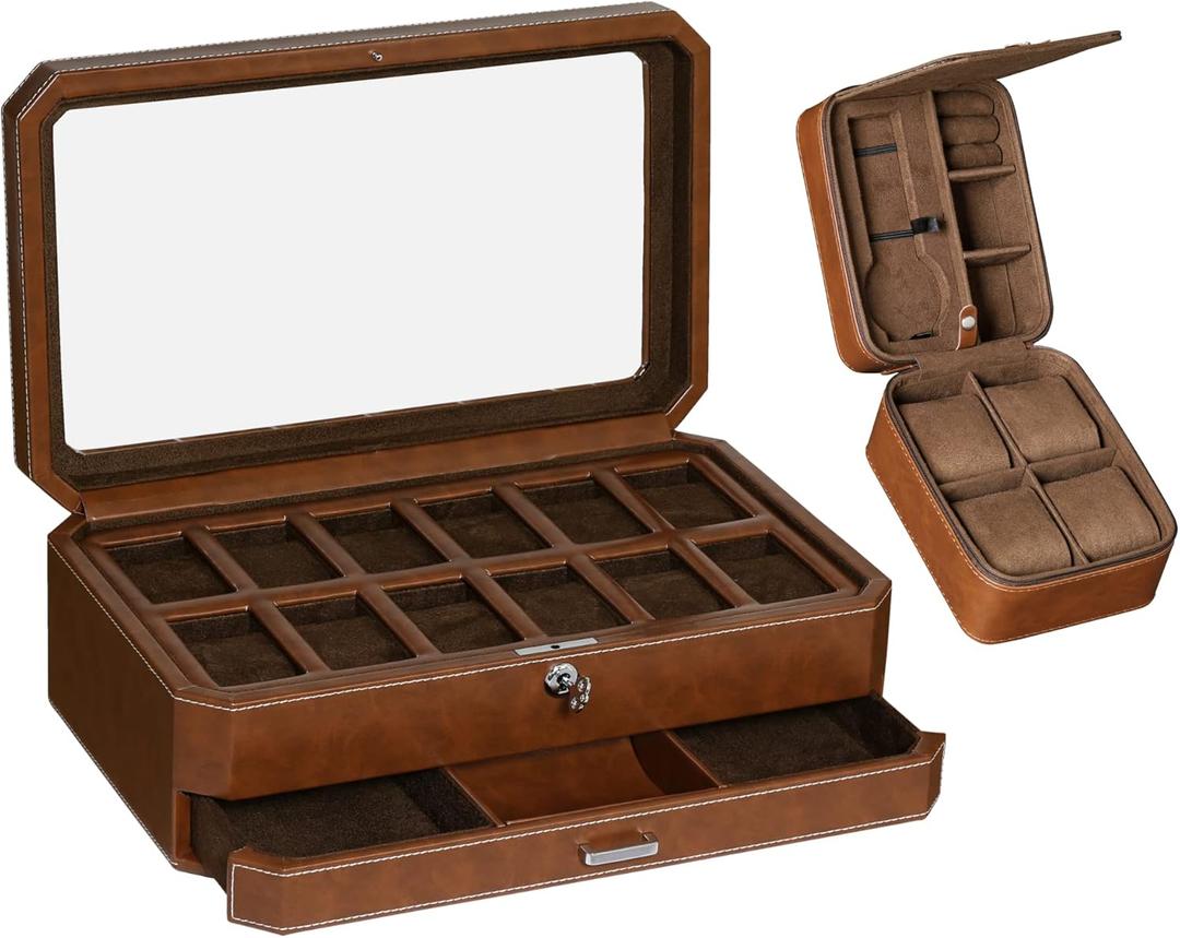 Gift Set 12 Slot Leather Watch Box with Valet Drawer & Matching 5 Watch Travel Case - Luxury Case Display Organizer, Locking Mens Jewelry Watches Holder, Men's Storage Boxes Glass Top Tan/Brown