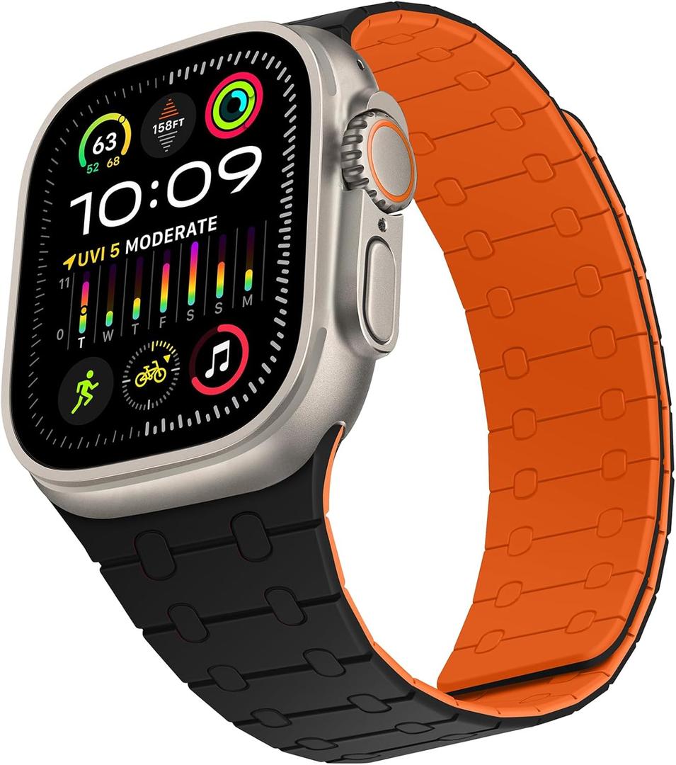 Compatible with Apple Watch Band 49mm 46mm 45mm 44mm 42mm 41mm 40mm 38mm, Silicone Magnetic Adjustable Loop Strap for iWatch Ultra 3/2/1 SE3 Series 11 10 9 8 7 6-1 (49/46/45/44/42, Black Orange)