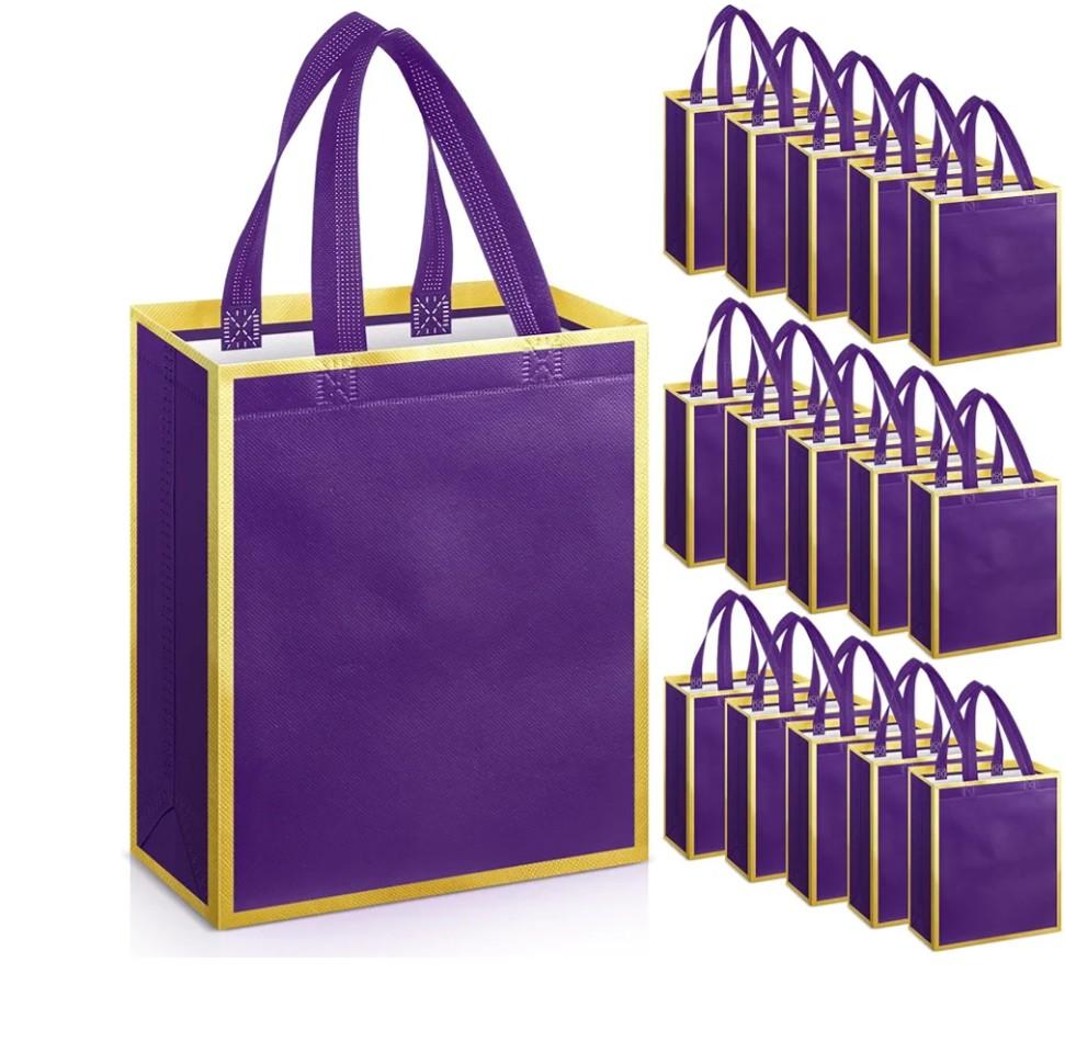 Sweetude 16 Pcs Reusable Gift Bags with Handles Valentine's Day Non Woven Reusable Goodie Gift Tote Bags for Shopping Retail Wedding Birthday Holiday Party Favor(Purple Gold, 4.7 x 11 Inch)