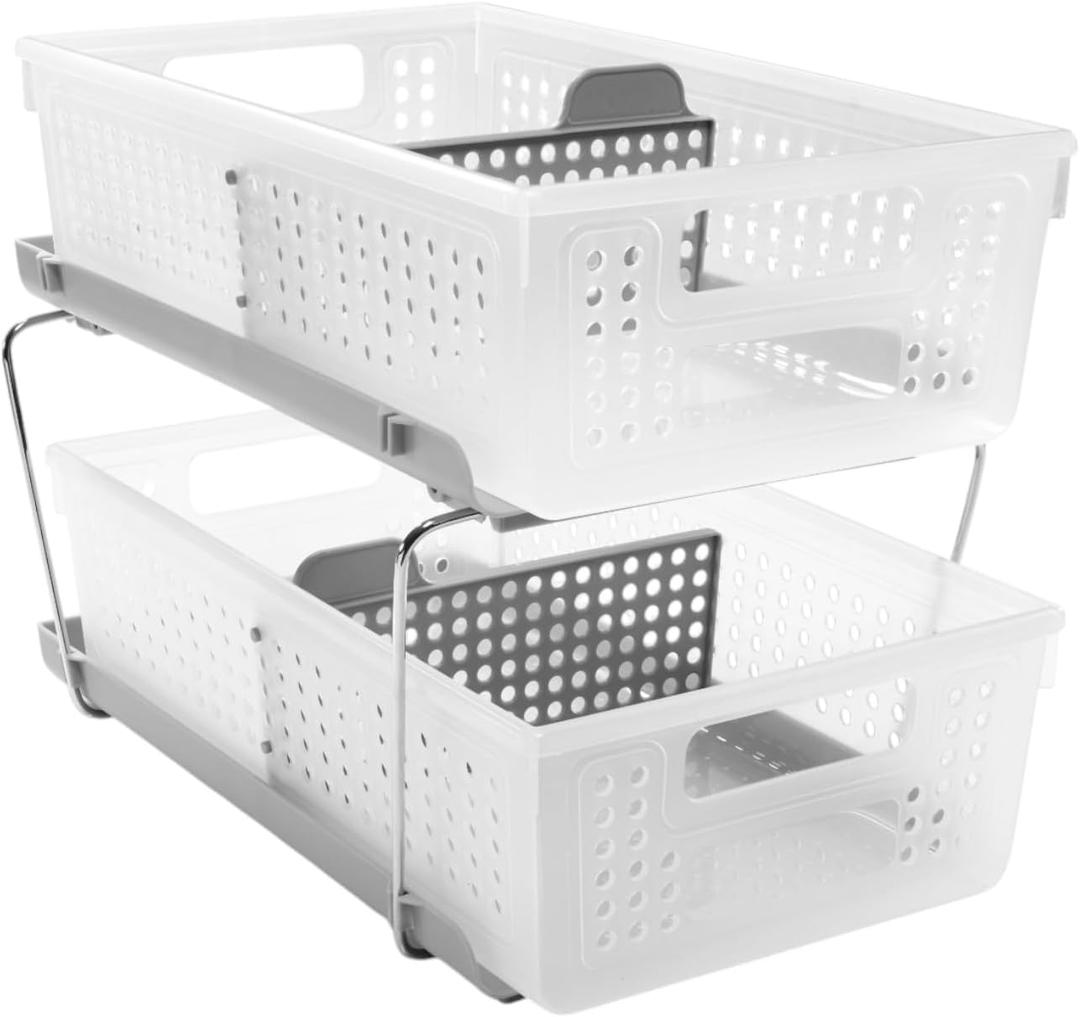 madesmart 2-Tier Organizer, Multi-Purpose Slide-Out Storage Baskets with Handles and Dividers, Frost (1-Pack)