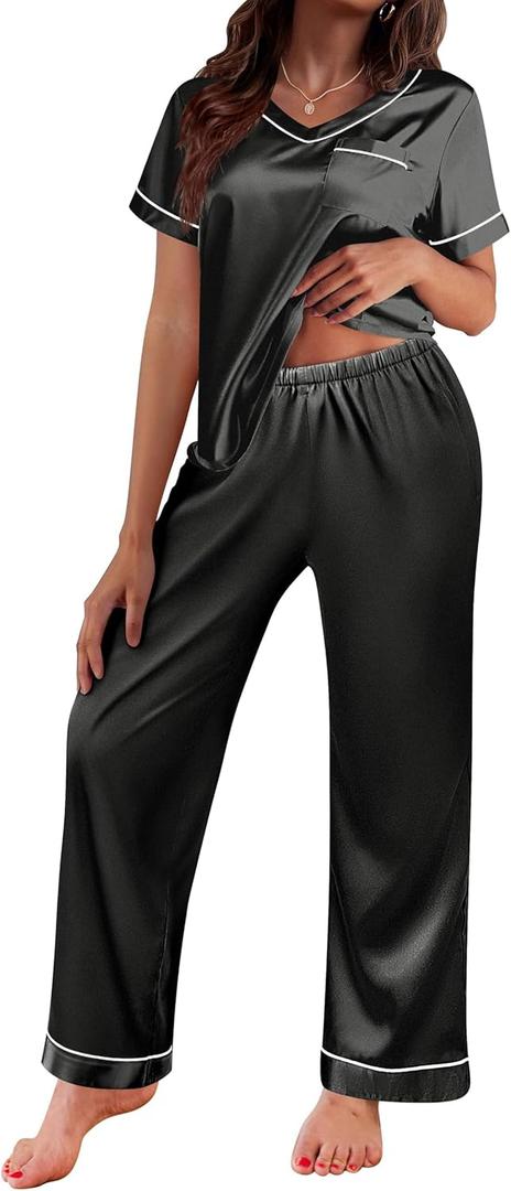 Ekouaer Satin Pajamas for Women Short Sleeve Silk Pajama Sets Soft Sleepwear Top with Causal Long Pj Pant, Size 2XL