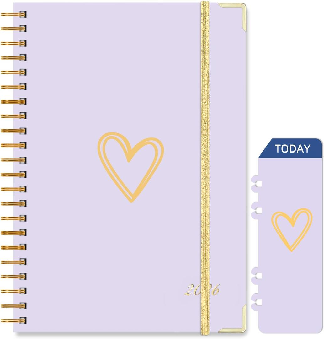 2026 Planner, Jan.2026 - Dec.2026 Weekly Monthly Planner 6.25"x8.5" with Page Tabs, Calendar Hardcover with Inner Pocket, Elastic Band, Twin-Wire Binding, Bookmark, Purple Love Heart