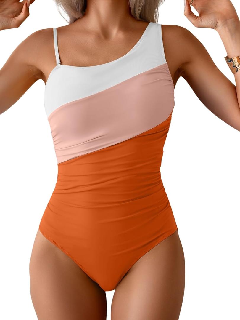 One Shoulder One Piece Swimsuit for Women Tummy Control Bathing Suits Color Block Ruched Swim Suit Slimming Swimwear, Size L