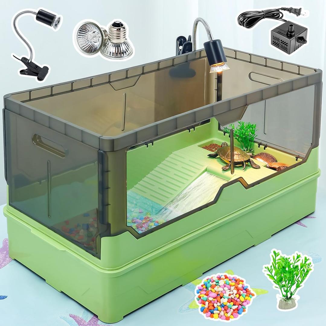 Turtle Habitat Tank Kit Fresh Filtration, Waterplay Fun, Diverse Living, Heat Lamp, Water Pump and Convenient Water Changes in Tanks Habitat Kits Turtle cage (Green, Large)