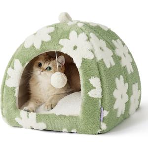 Lesure Cute Cat Beds for Indoor Cats - 2 in 1 Cat Cave Bed for Kittens and Small Pets with Removable Washable Cushioned Pillow, Cozy Ktten Tent with Non-Slip Bottom, Green, 16 inches