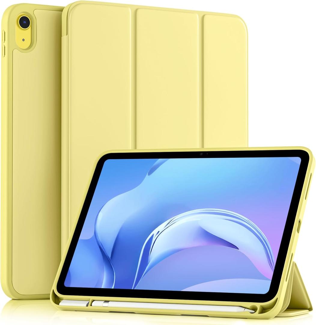 Akkerds Compatible with iPad (A16) 11th Generation Case 11 Inch 2025, for iPad 10th Generation Case 10.9 Inch 2022 with Pencil Holder, Slim Trifold Stand Protective Cover with Soft TPU Back, Yellow