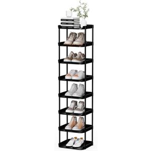 8 Tier Vertical Narrow Shoe Rack, Stackable Tall Skinny Shoerack, Compact Single Shoes Storage Tower for Slim Space, Corner Plastic Shelves, for Hallways, Entryway, Bedrooms Organizer, Black