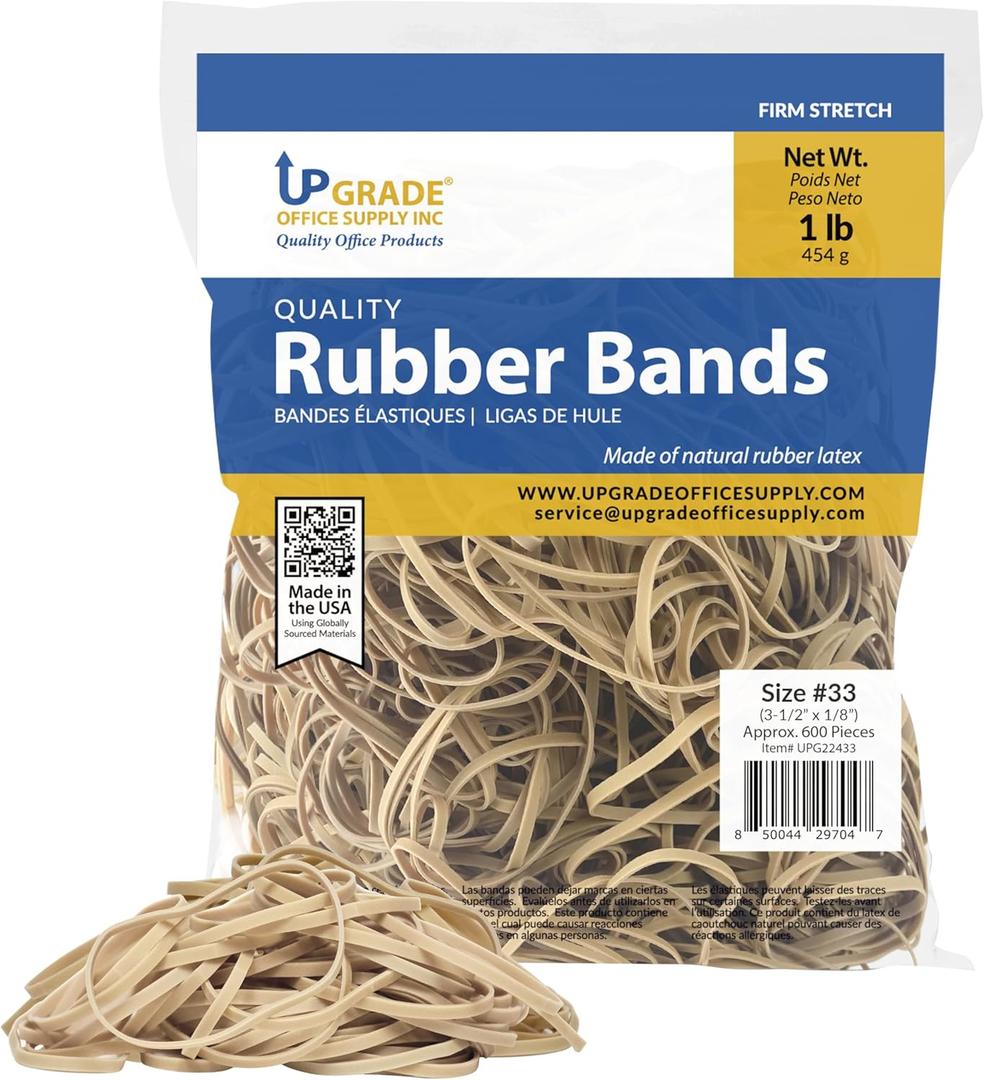 Upgrade Office Supply Rubber Bands, Office Supplies, Size #33 (3-1/2 in x 1/8 in), 600 Bands, 1 lb Bag, USA