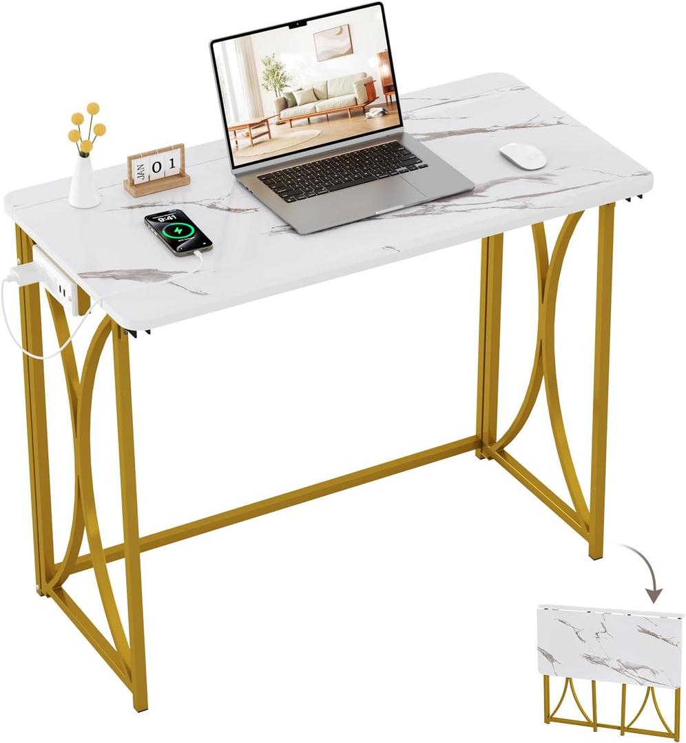 Folding Desk, 31.5" Small Desk for Bedroom with Power Outlet, Space Saving Foldable Computer Desk for Home Office, Easy Assembly, White and Gold, medium size02