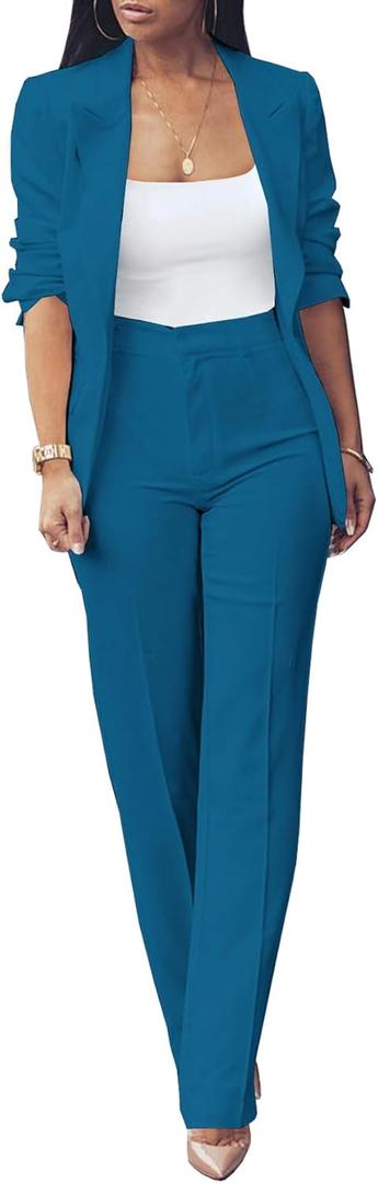 HuiSiFang Womens Fall Fashion 2 Piece Blazer Sets Open Front Blazers and Slim Fit Pants Suits Set (Large, 529-blue Green)