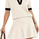ETCYY NEW Two Piece Sets for Women Summer Knit Top Pleated Mini Skirts Dressy Preppy Sweater Sets,Medium
